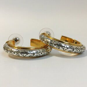 2 Tone Earrings Open Hoop Ornate Textured Silver Gold Tone Metal Layered Pierced